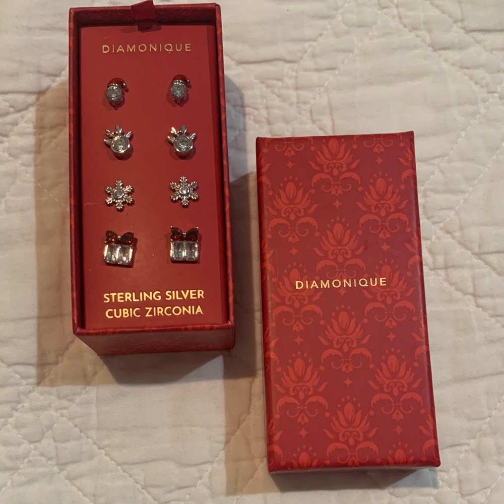 Diamonique Red Box Sterling Silver Earrings Set
